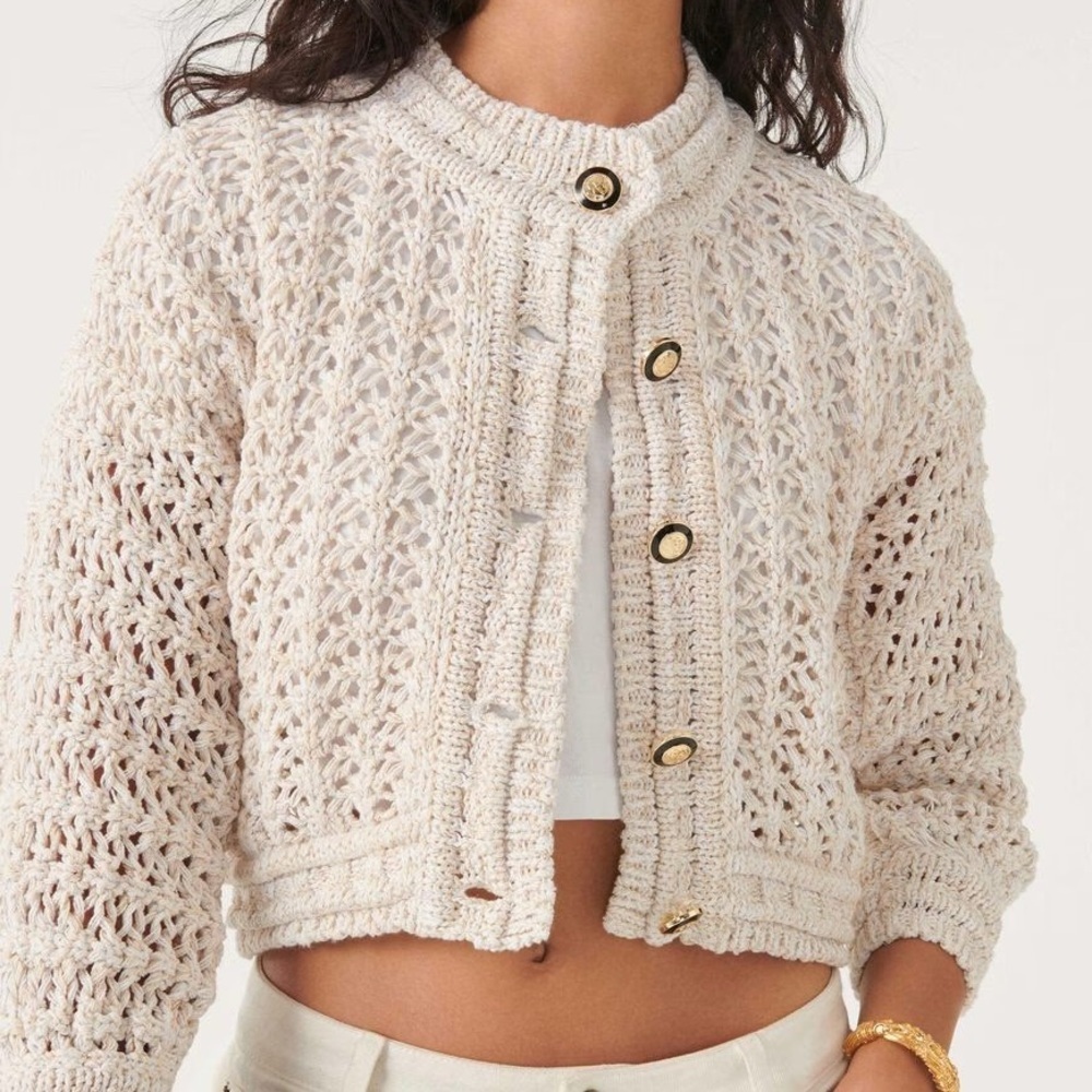 ba&sh Women's Beige Cardigan Sweater Size 0 Long Sleeve Mock Neck Cream Novela